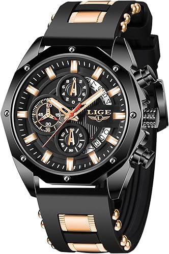 LIGE Men's Watch Fashion Chronograph Stainless Steel Waterproof Analog Quartz Luminous Large Dial Sport Classic Watch…