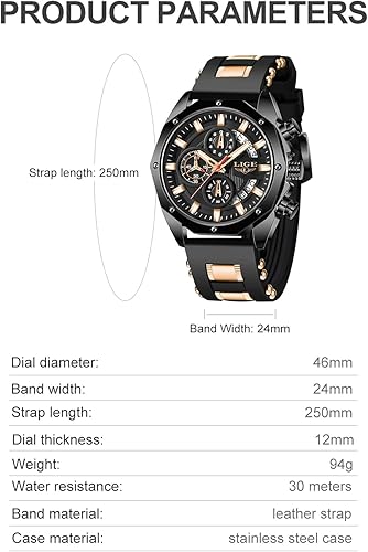 LIGE Men's Watch Fashion Chronograph Stainless Steel Waterproof Analog Quartz Luminous Large Dial Sport Classic Watch…