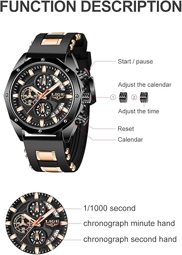 LIGE Men's Watch Fashion Chronograph Stainless Steel Waterproof Analog Quartz Luminous Large Dial Sport Classic Watch…